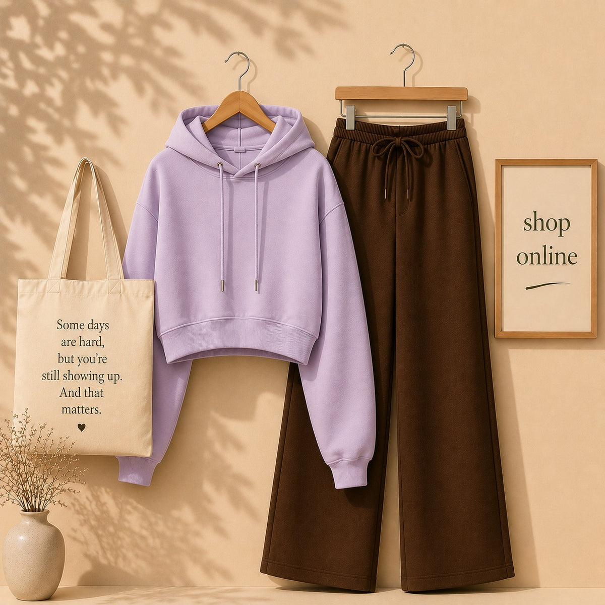 Basic Lilac Crop Hoodie With Brown Flapper