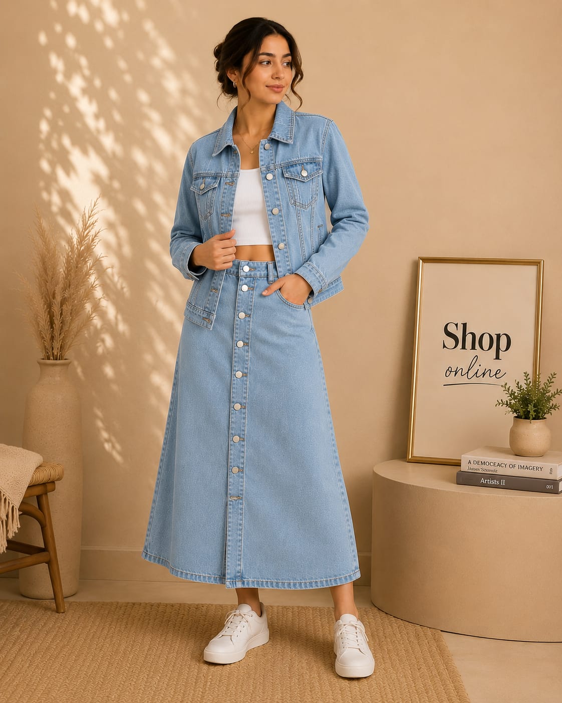 Sky Blue Denim Jacket with denim skirt