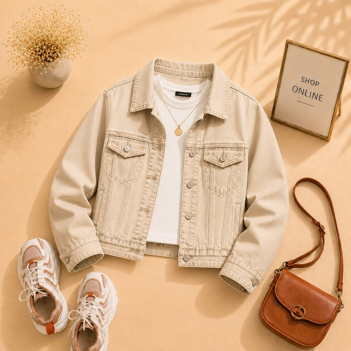 Beige Denim Jacket With White Tanktop