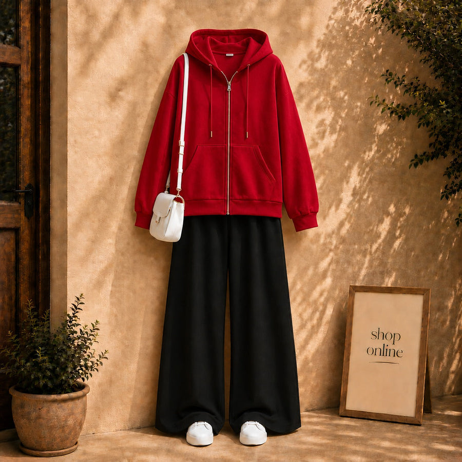 Basic Red Zipper Hoodie with Black Flapper