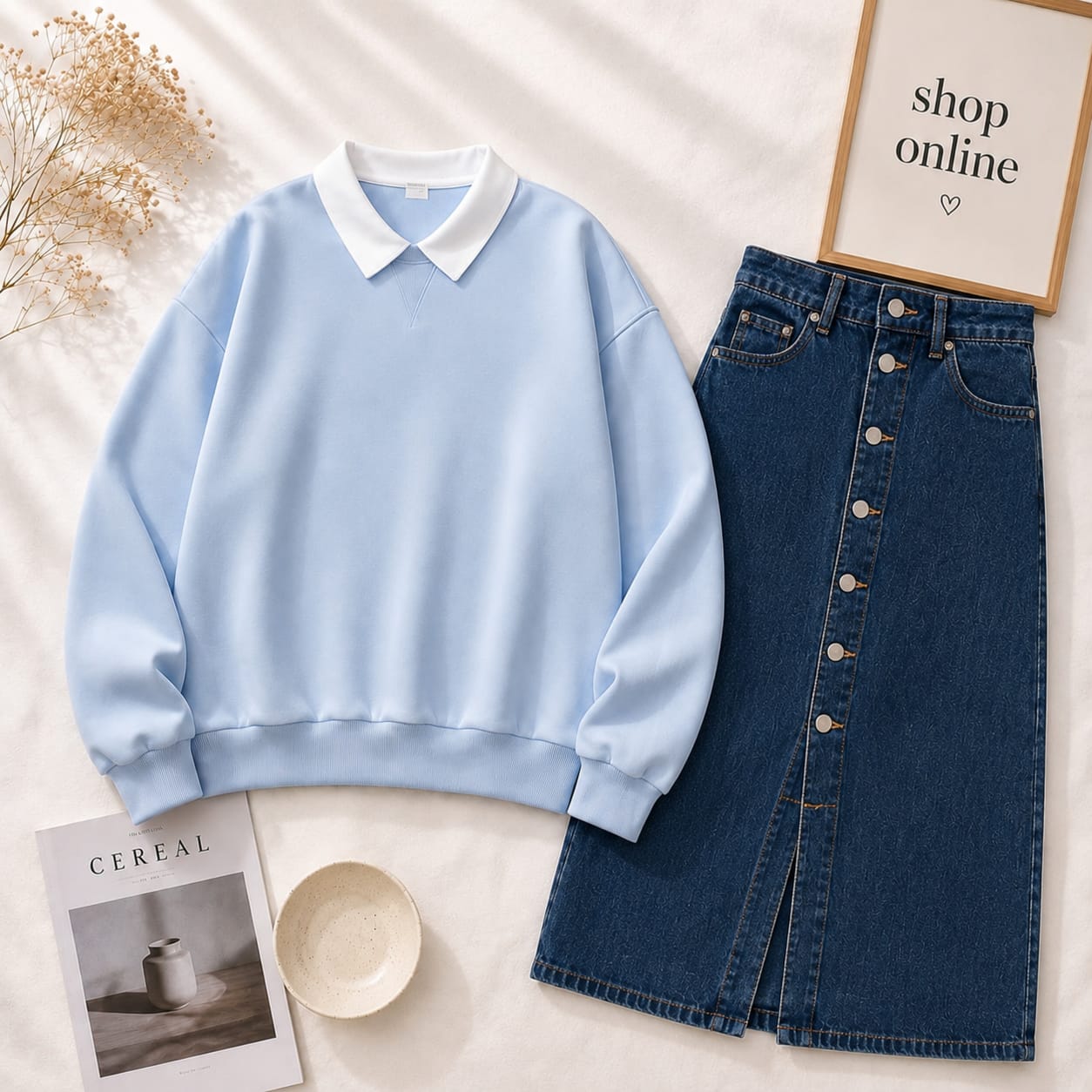Ice Blue Collar Sweatshirt With Dark Blue Denim Skirt