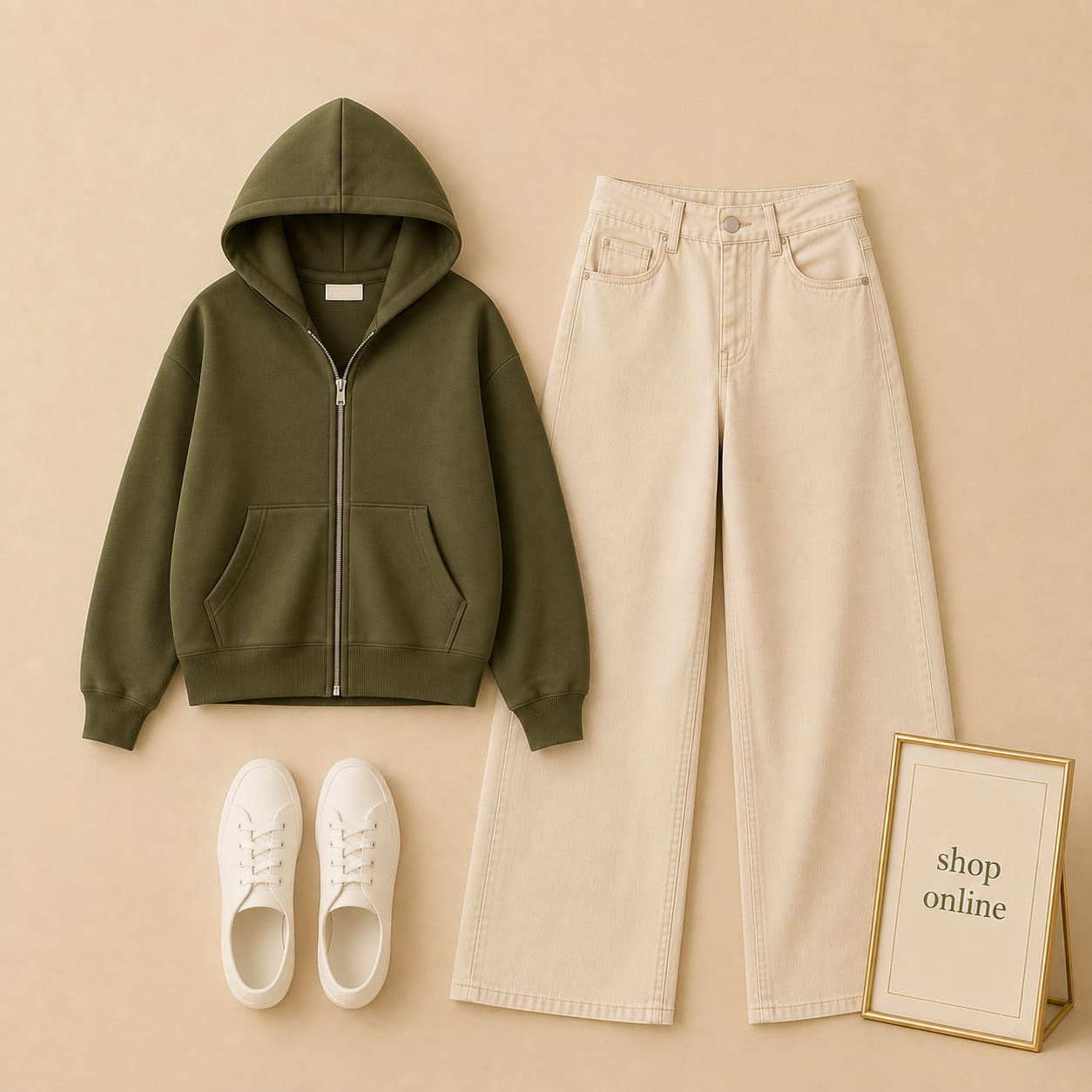Olive Green Zipper Hood With Beige Wide Leg Jeans