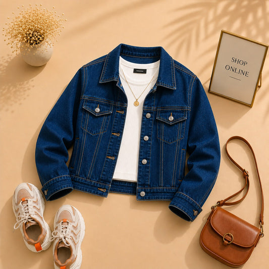DARK BLUE DENIM JACKET WITH WHITE TANKTOP