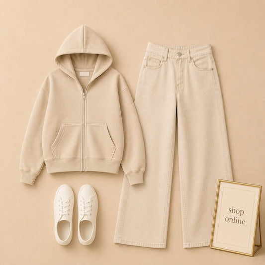 Basic Beige Zipper Hoodie With Beige Wide Leg Jeans
