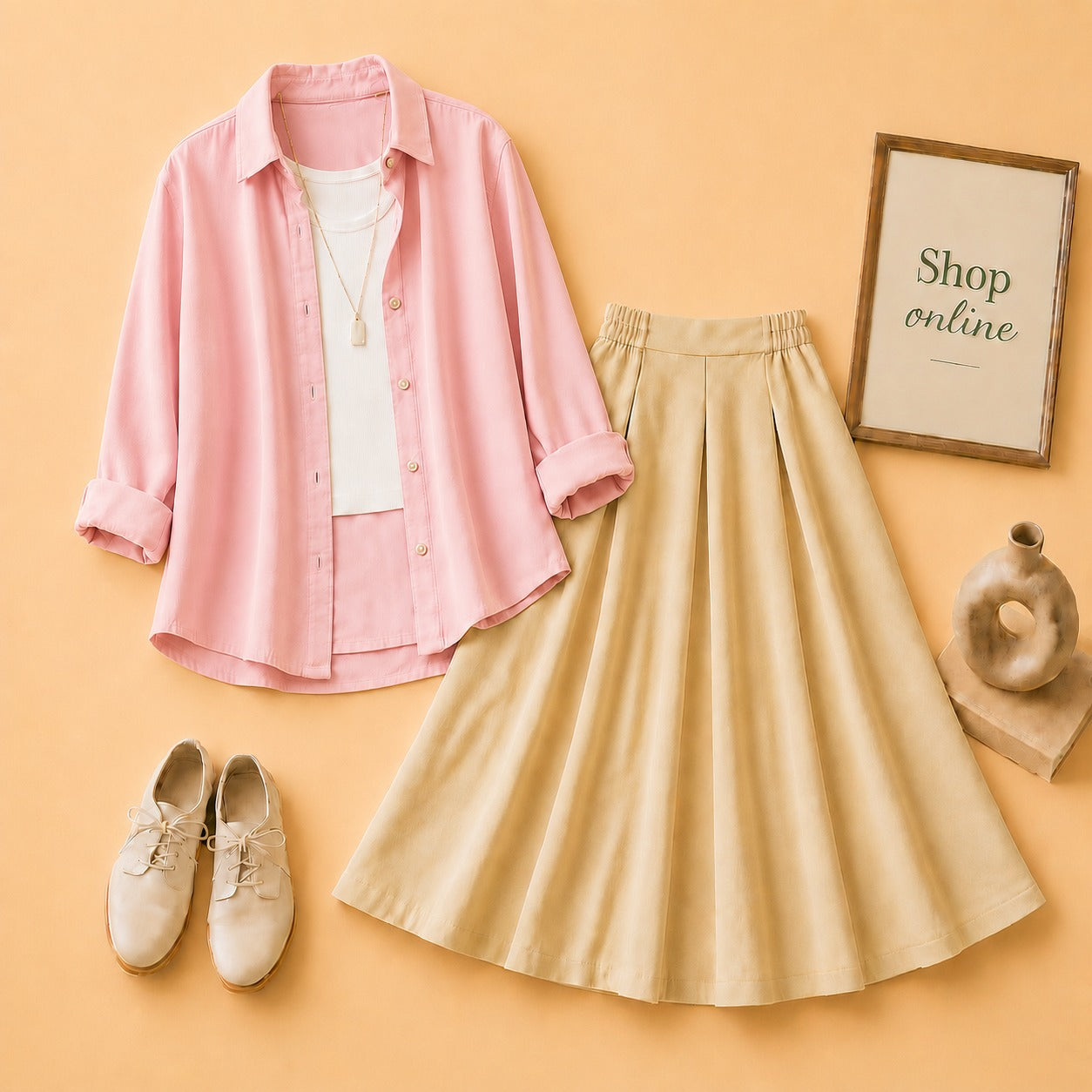 PINK BUTTON SHIRT WITH WHITE TANKTOP AND BEIGE TWILL SKIRT