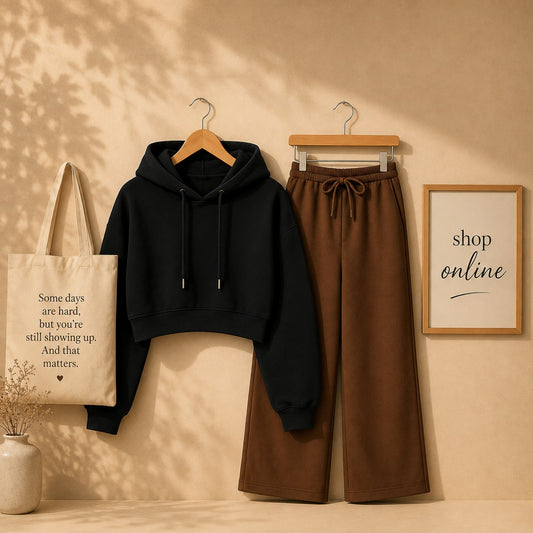 Basic Black Crop Hoodie With Brown Flapper