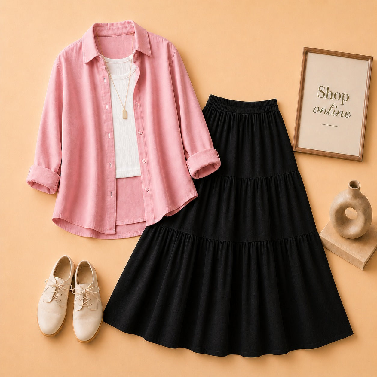 PINK BUTTON SHIRT WITH WHITE TANKTOP AND BLACK 3 TIER SKIRT