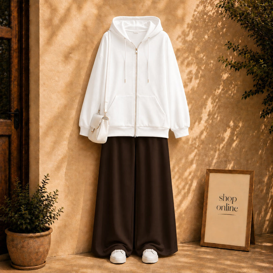 Basic White Zipper Hoodie with dark brown Flapper
