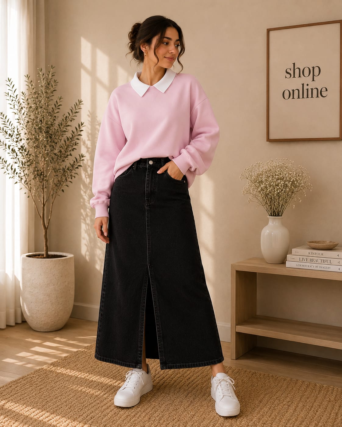 Pink Collar Sweatshirt With Black Denim Skirt