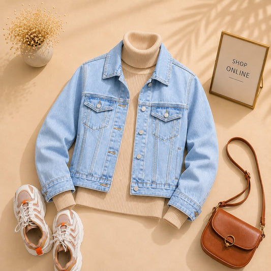 ICE BLUE DENIM JACKET WITH BEIGE HINECK
