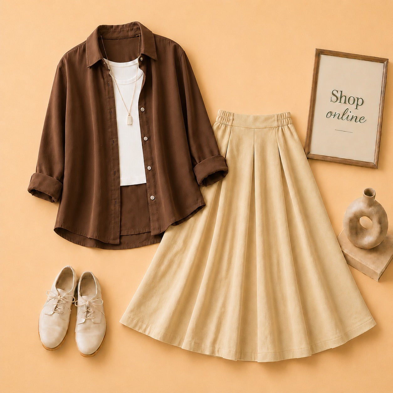 BROWN BUTTON SHIRT WITH WHITE TANKTOP AND BEIGE TWILL SKIRT
