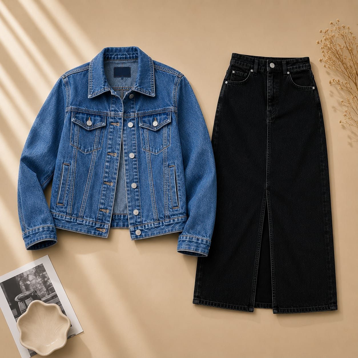 Dark Blue Denim Jacket with Black denim skirt