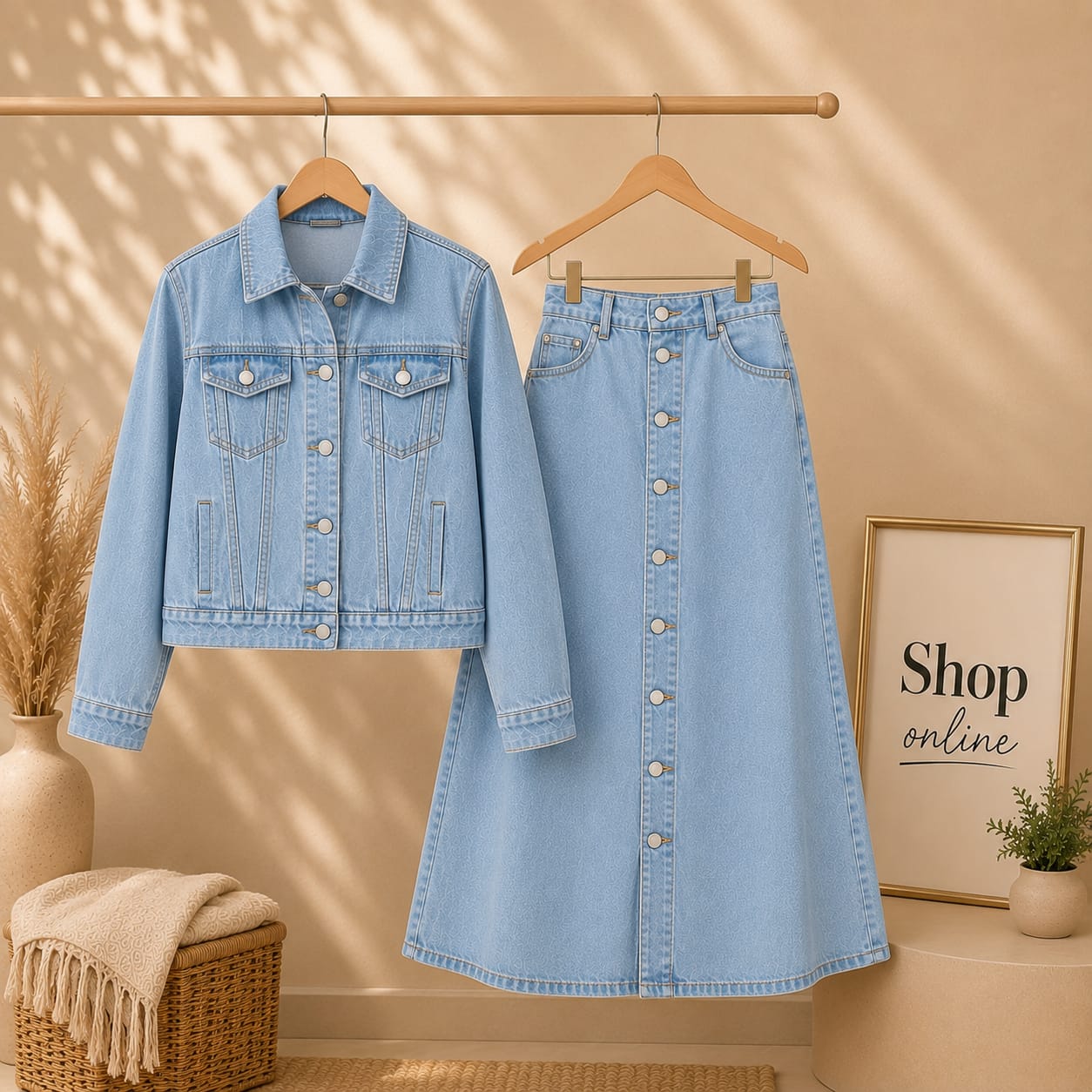 Sky Blue Denim Jacket with denim skirt