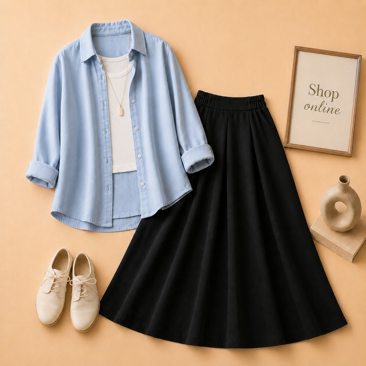 SKY BLUE BUTTON SHIRT WITH WHITE TANKTOP AND BLACK TWILL SKIRT