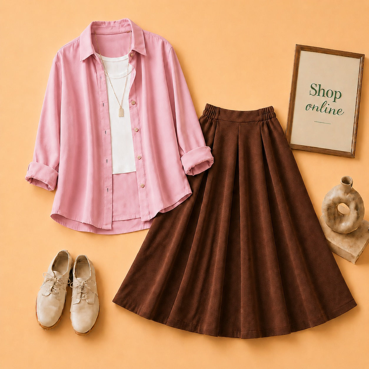 PINK BUTTON SHIRT WITH WHITE TANKTOP AND BROWN TWILL SKIRT