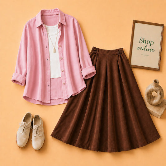 PINK BUTTON SHIRT WITH WHITE TANKTOP AND BROWN TWILL SKIRT