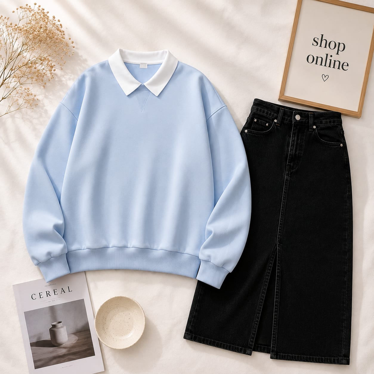 Ice Blue Collar Sweatshirt With Black Denim Skirt