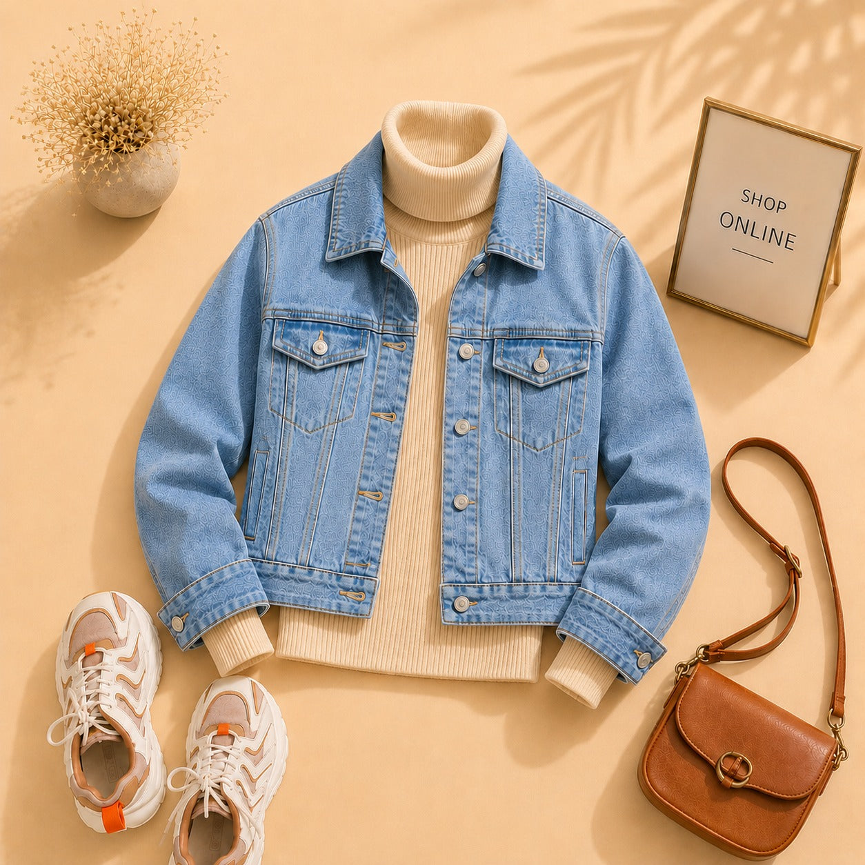 SKY BLUE DENIM JACKET WITH BEIGE HINECK