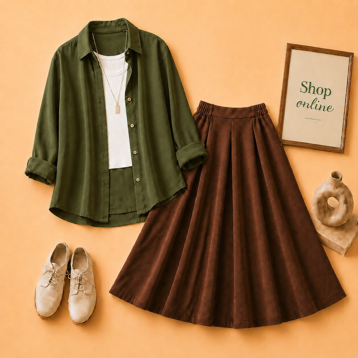 OLIVE GREEN BUTTON SHIRT WITH WHITE TANKTOP AND BROWN TWILL SKIRT