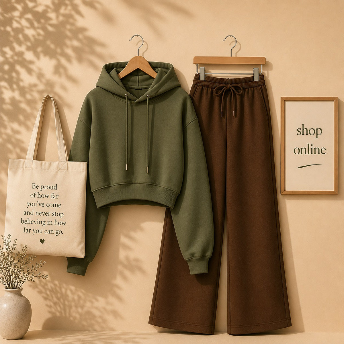 Basic Olive Green Crop Hoodie With Brown Flapper
