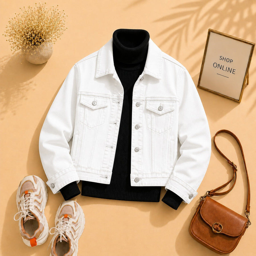 White Denim Jacket With Black Highneck