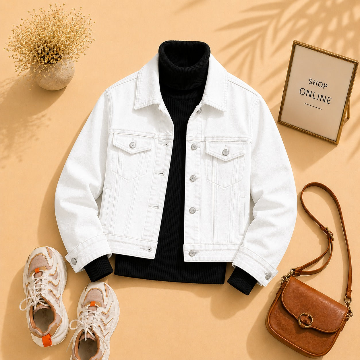 WHITE DENIM JACKET WITH BLACK HINECK