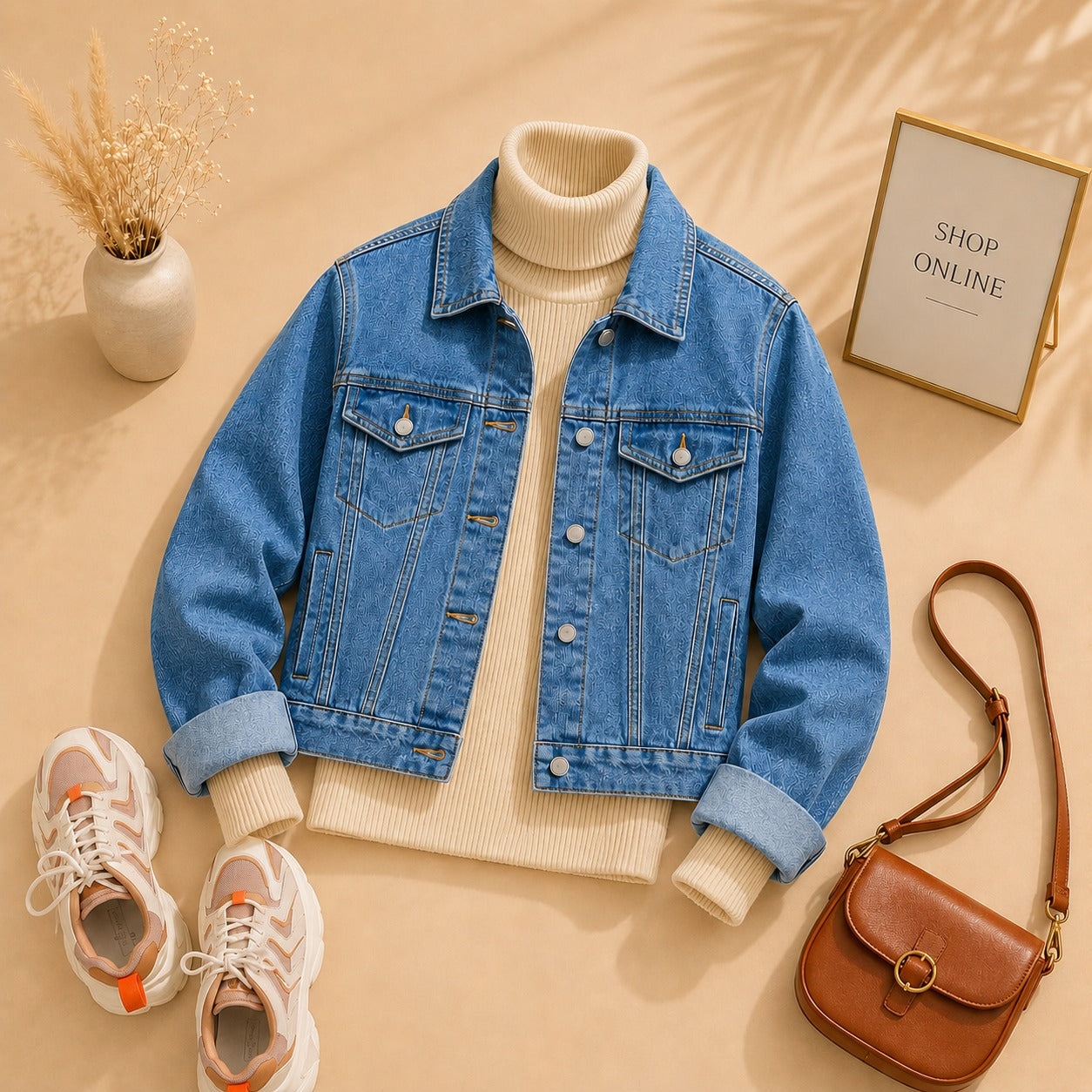 MID BLUE DENIM JACKET WITH BEIGE HINECK