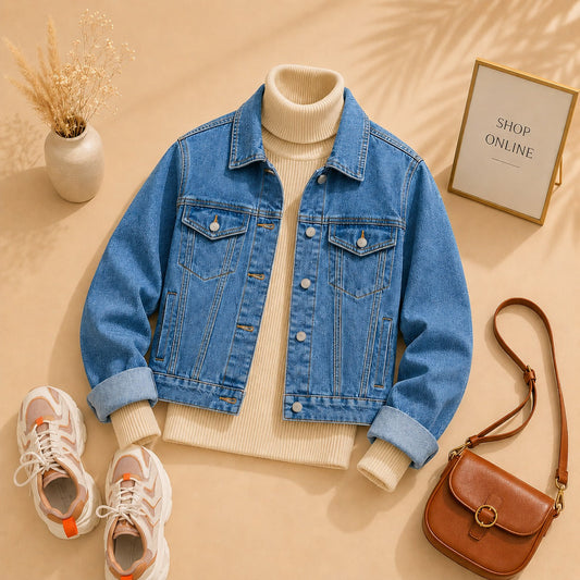 MID BLUE DENIM JACKET WITH BEIGE HINECK