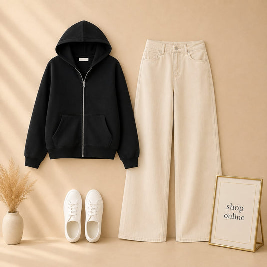 Basic Black Zipper Hoodie With Beige Wide Leg Jeans