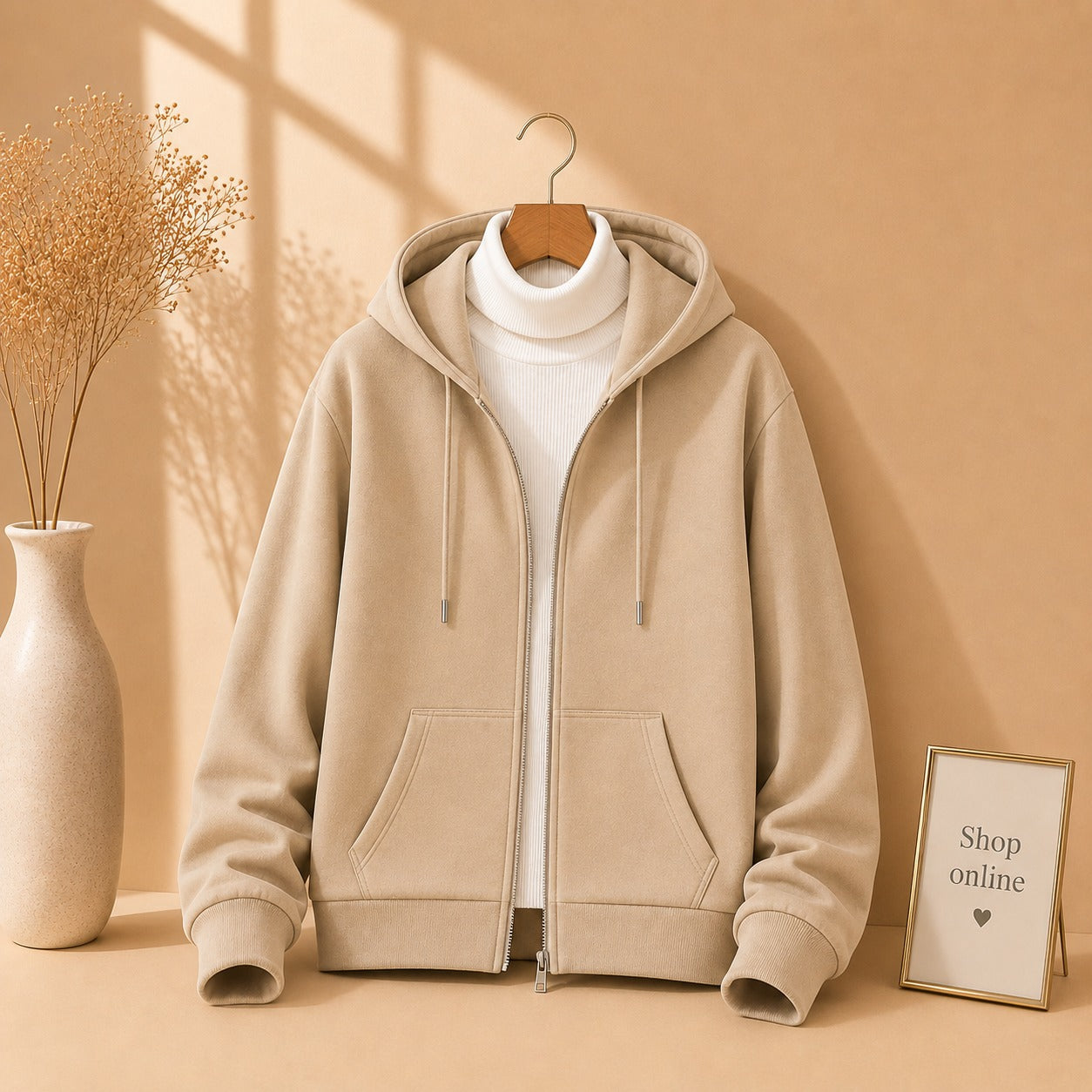 Beige Zipper With White Highneck