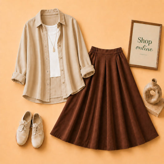 Beige Button Down Shirt With White Tanktop And Brown Twill Skirt