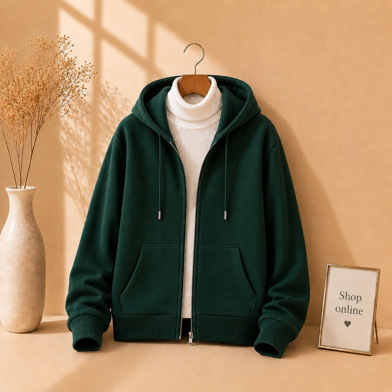 Bottle green Zipper With White Highneck