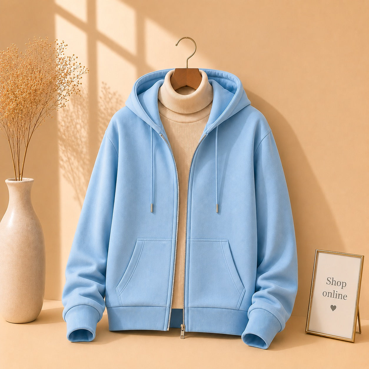 Sky blue Zipper With Beige Highneck