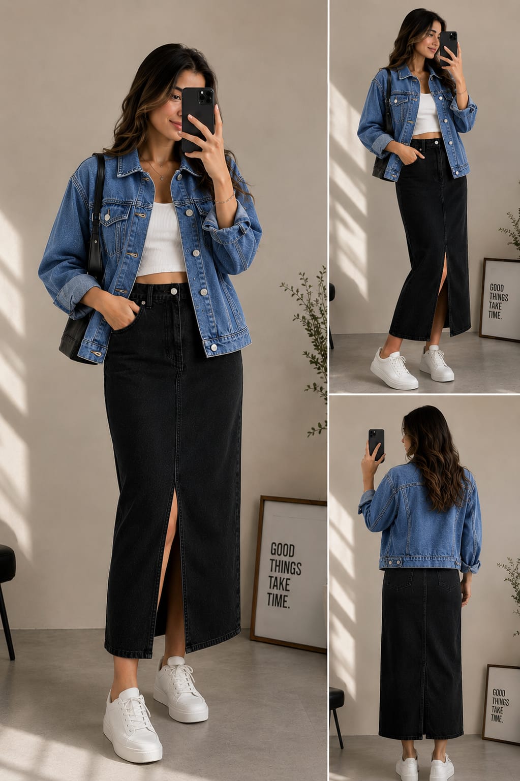 Dark Blue Denim Jacket with Black denim skirt
