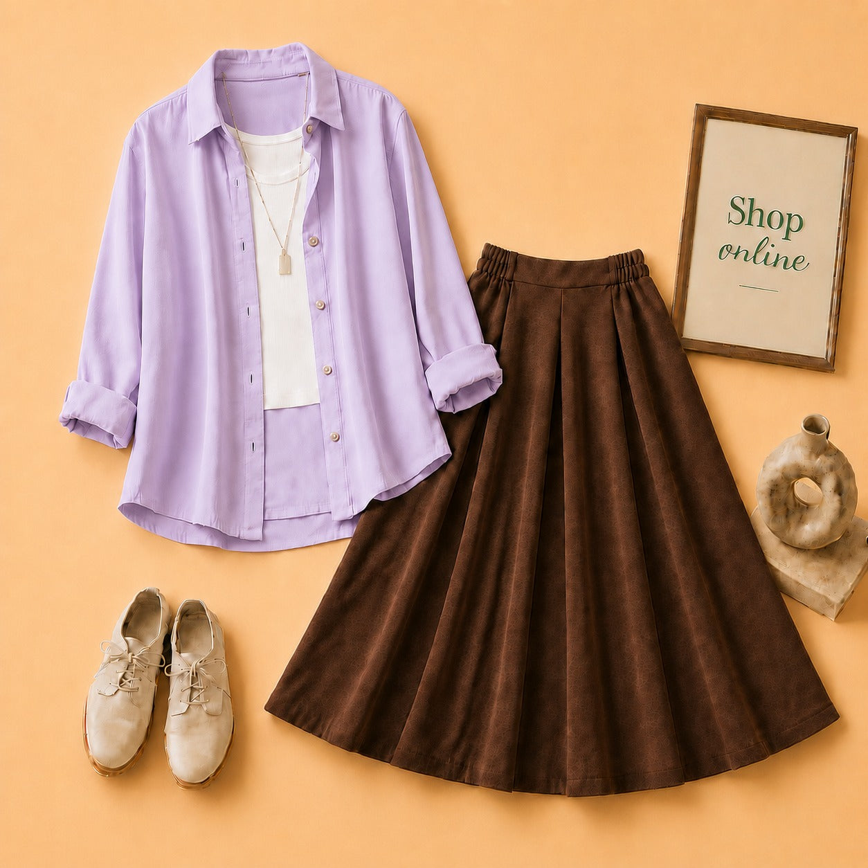 LILAC BUTTON SHIRT WITH WHITE TANKTOP AND BROWN TWILL SKIRT