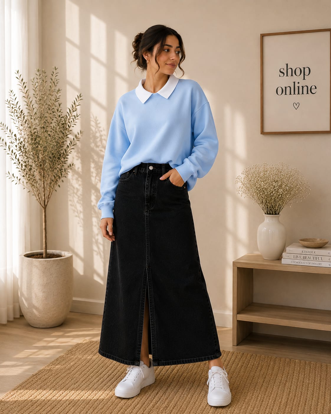 Ice Blue Collar Sweatshirt With Black Denim Skirt