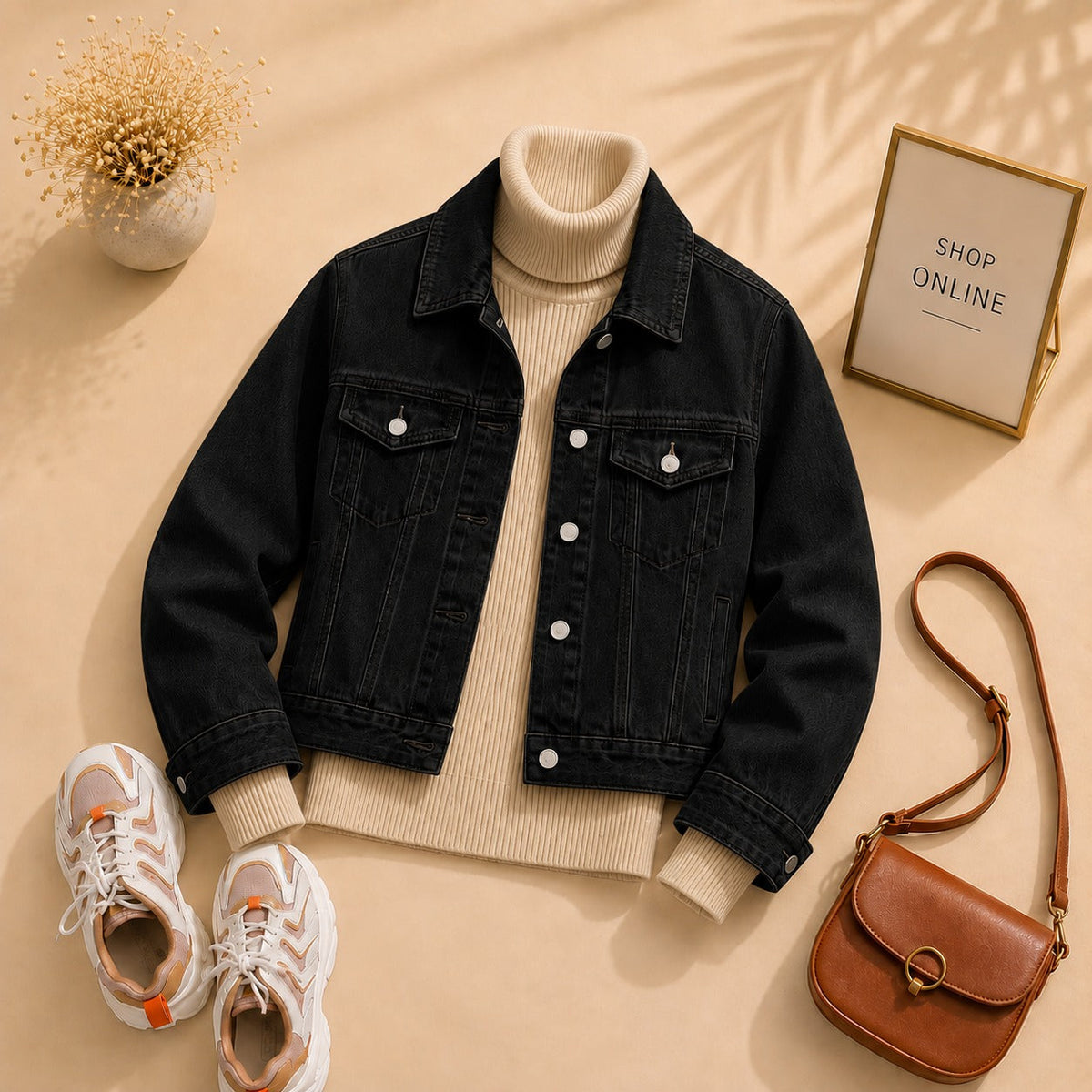 Black Denim Jacket with beige Highneck