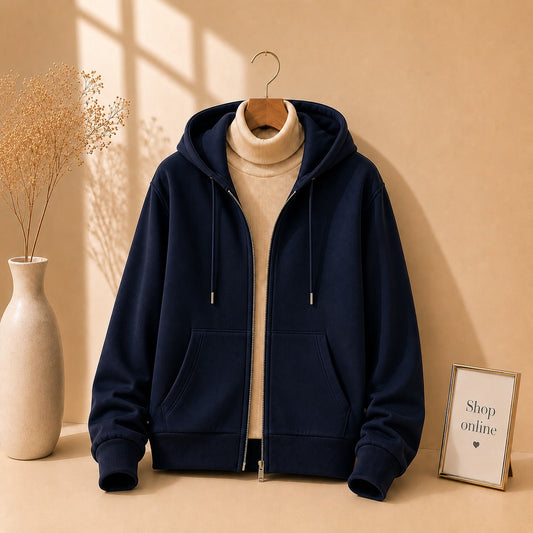 Navy blue Zipper With Beige Highneck