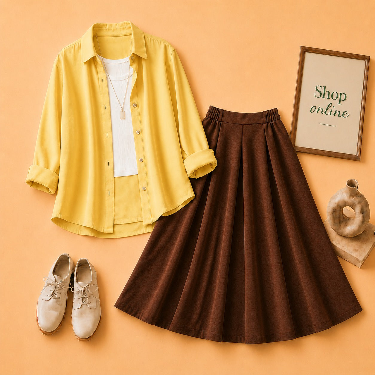 YELLOW BUTTON SHIRT WITH WHITE TANKTOP AND BROWN TWILL SKIRT