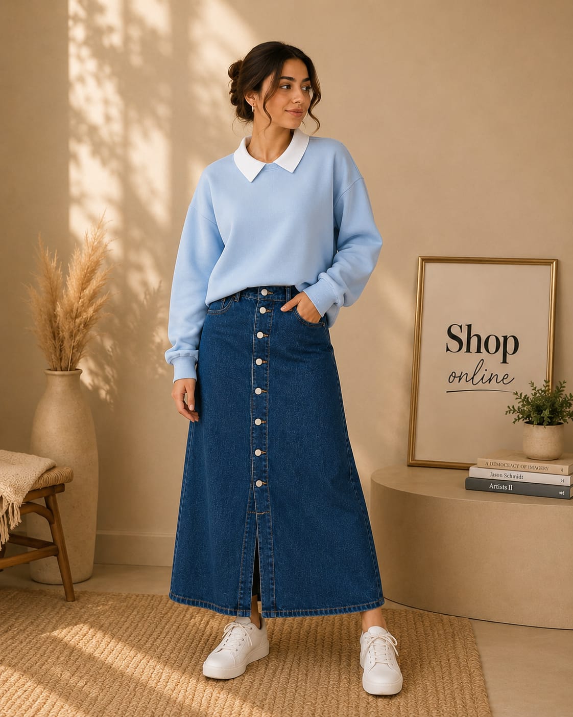 Ice Blue Collar Sweatshirt With Dark Blue Denim Skirt