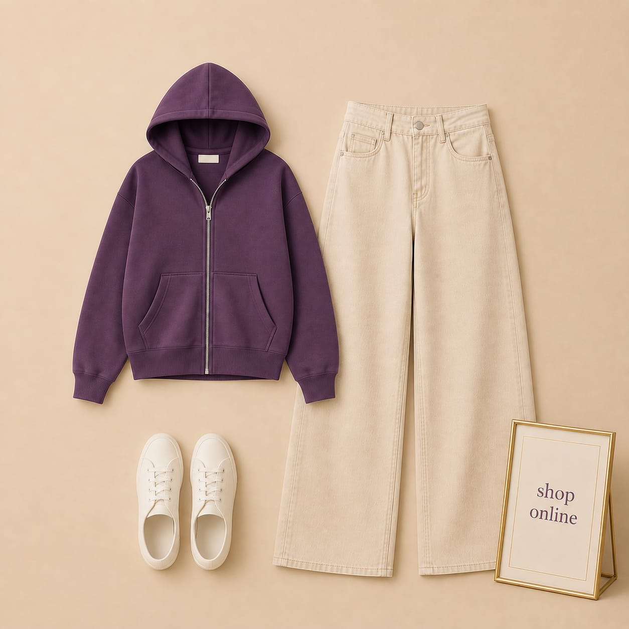 Purple Zipper Hood With Beige Wide Leg Jeans