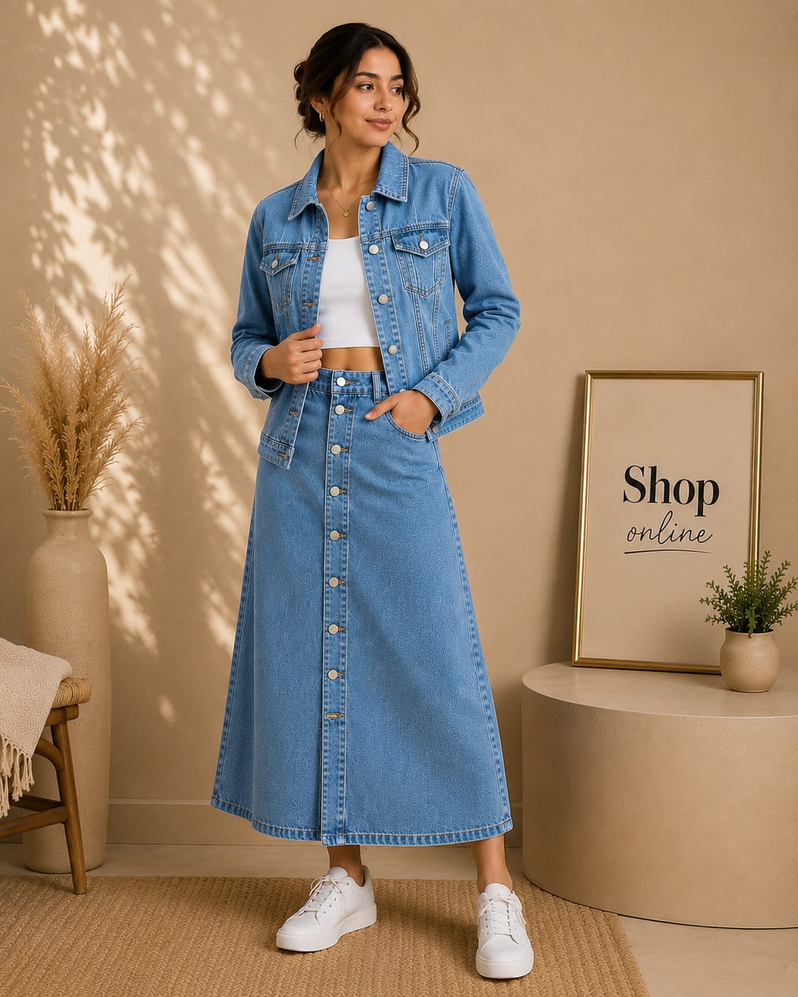 Mid Blue Denim Jacket with denim skirt