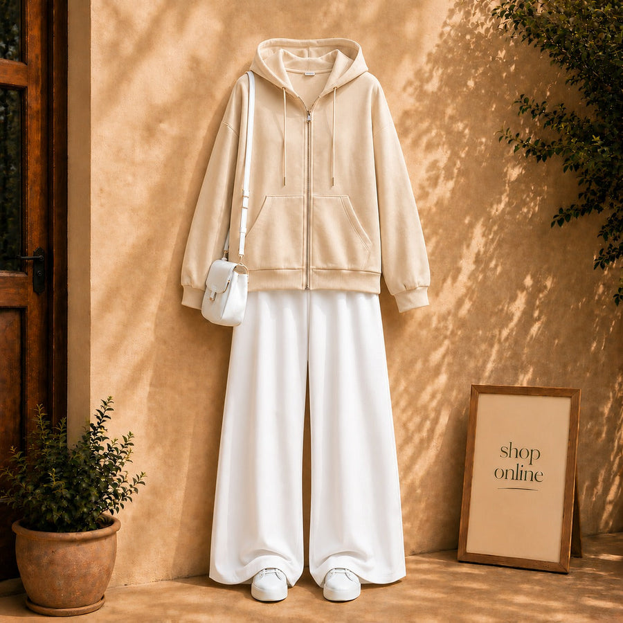 Basic Beige Zipper Hoodie with White Flapper