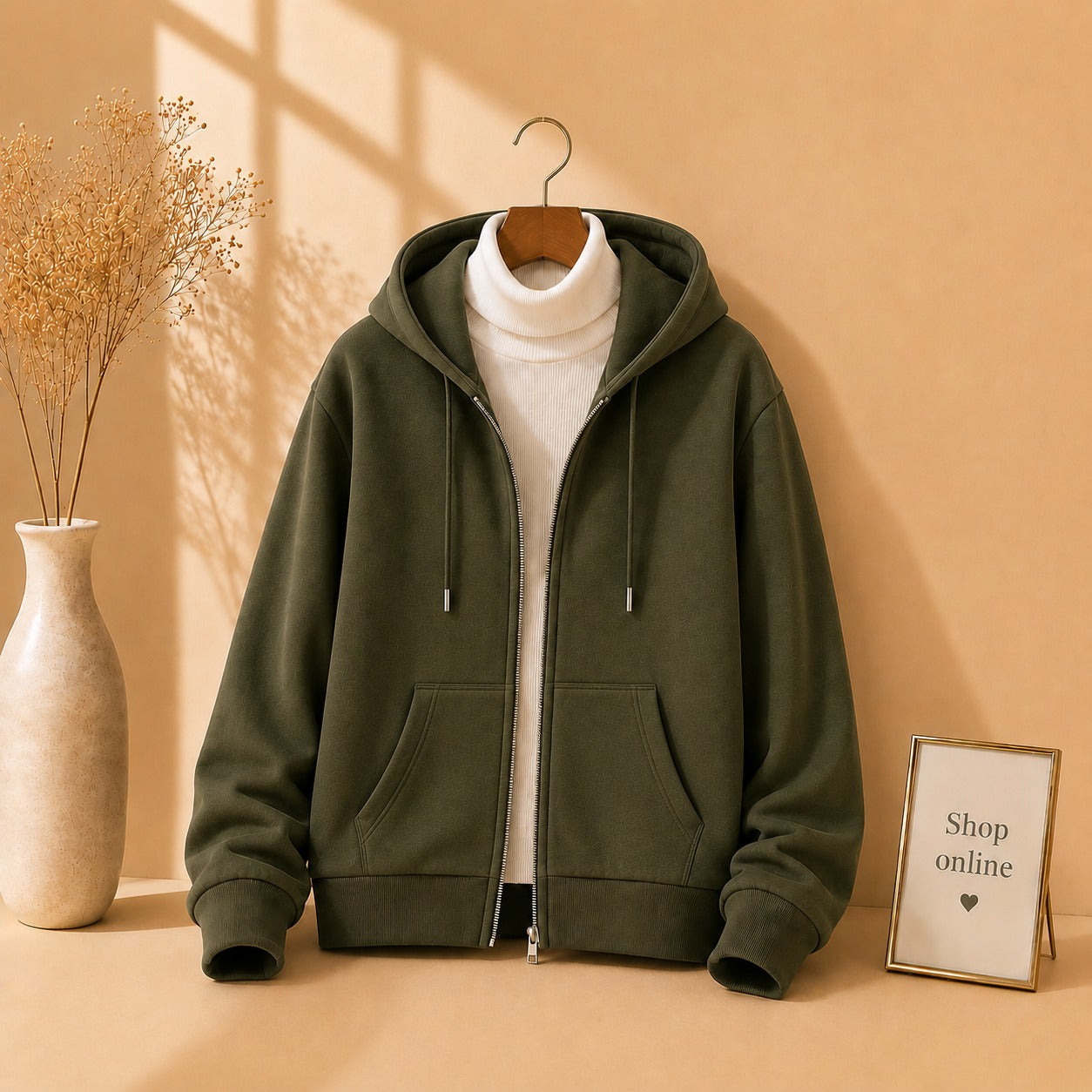 Olive green Zipper With White Highneck