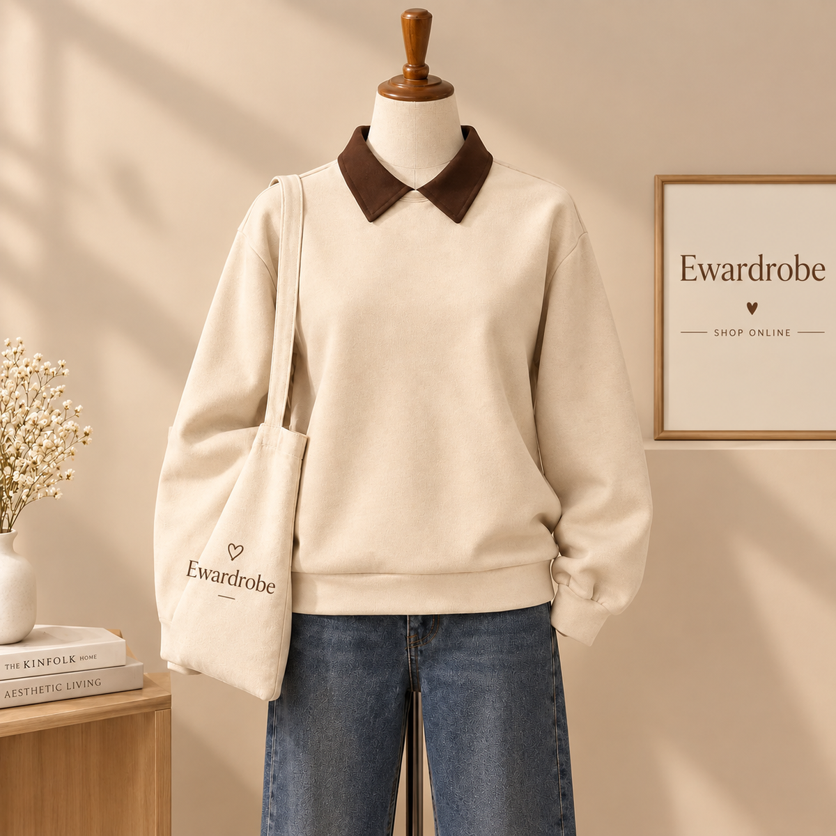 Beige Sweatshirt With Brown Collar