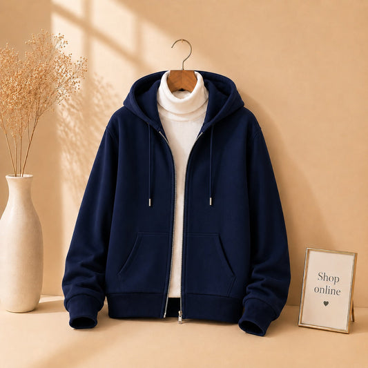 Navy blue Zipper With White Highneck