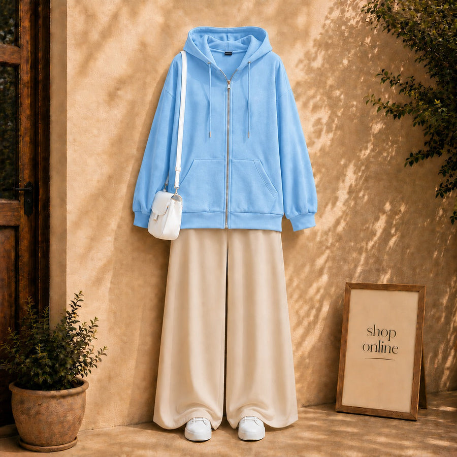 Basic Sky Blue Zipper Hoodie with Beige Flapper