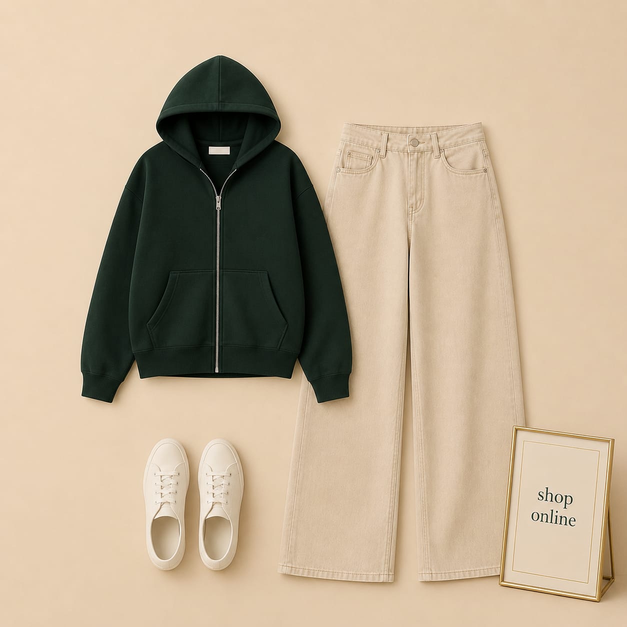 Bottle Green Zipper Hood With Beige Wide Leg Jeans