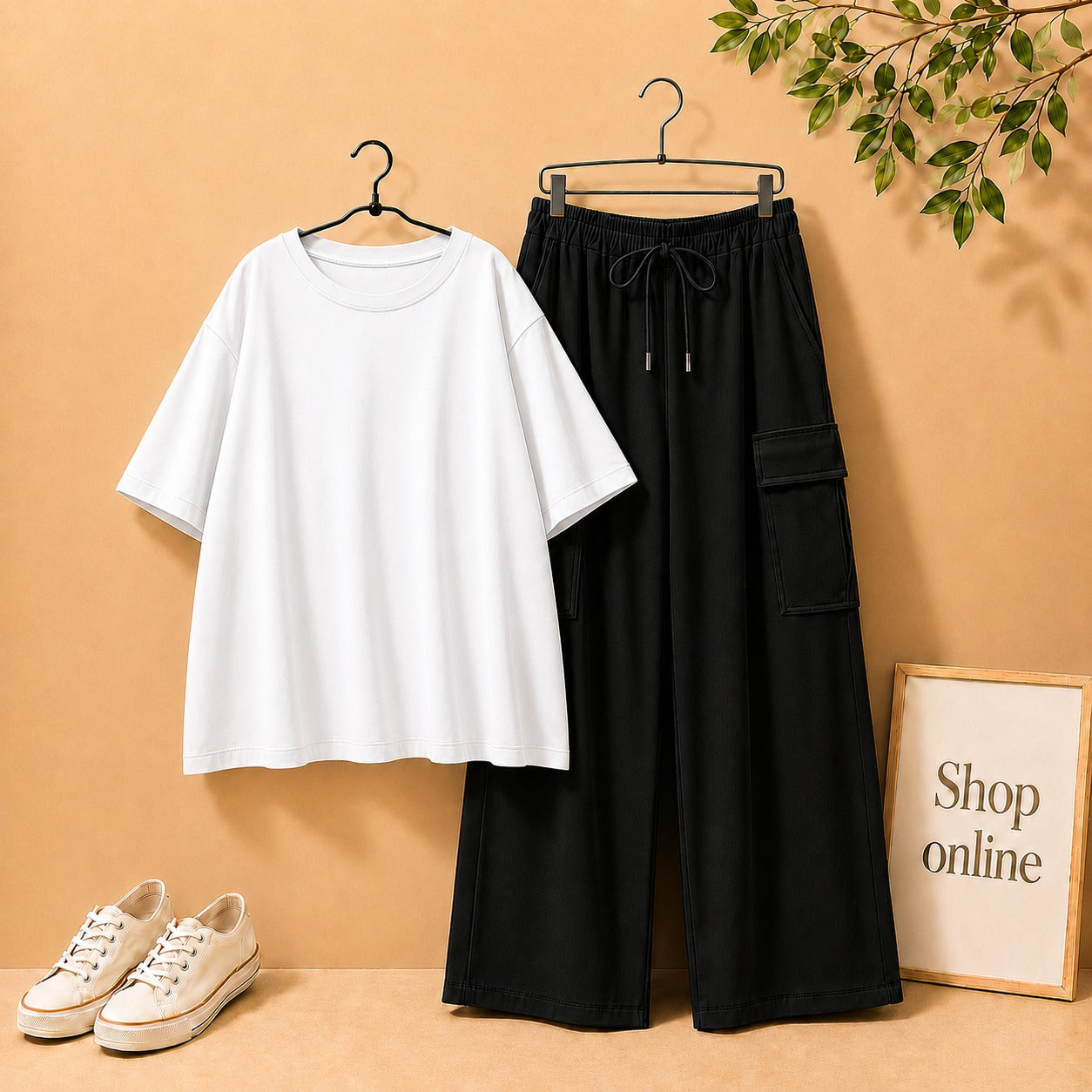 WHITE DROP SHOULDER TSHIRT WITH BLACK CARGO TROUSER
