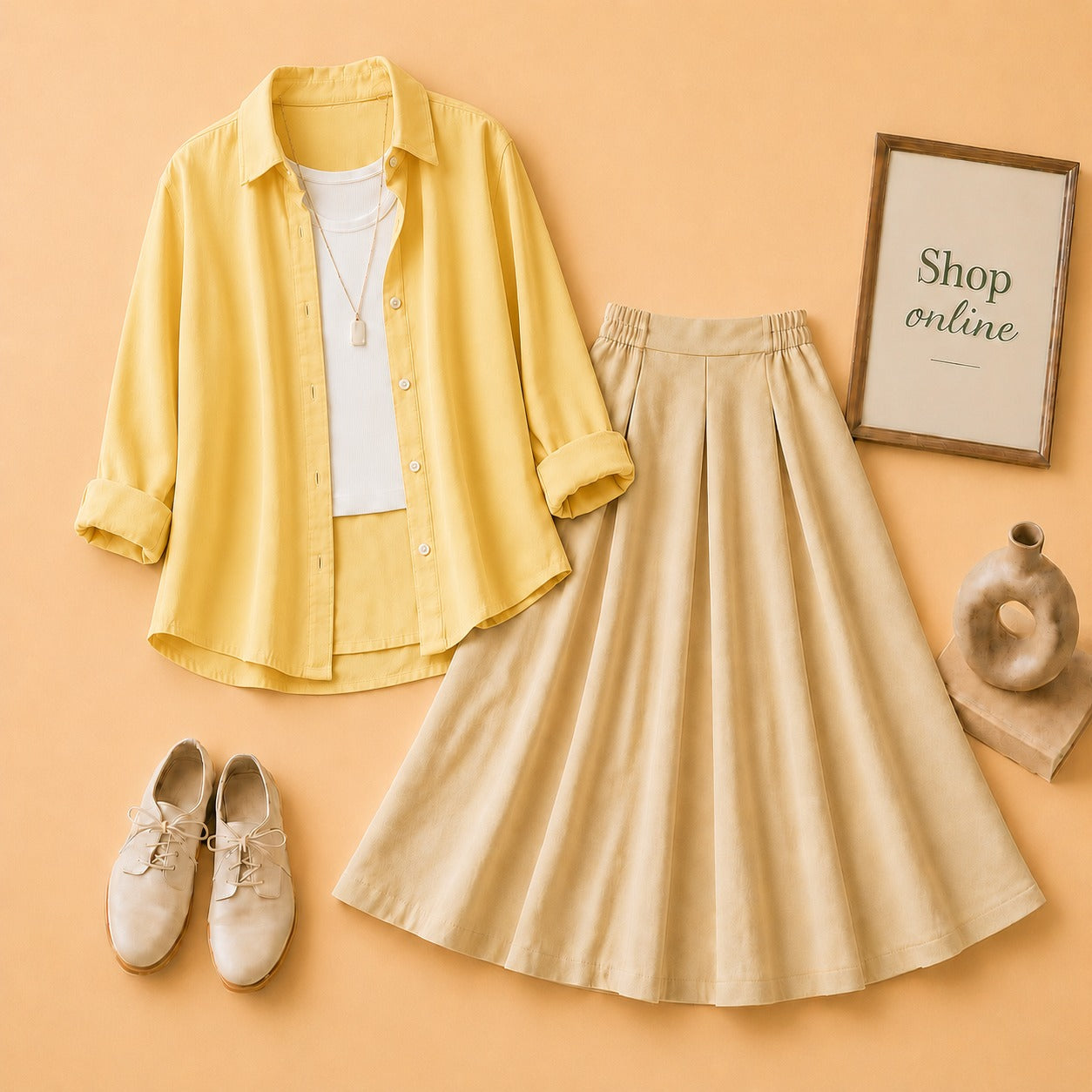 YELLOW BUTTON SHIRT WITH WHITE TANKTOP AND BEIGE TWILL SKIRT